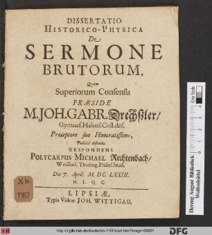 Dissertatio Historico-Physica De Sermone Brutorum