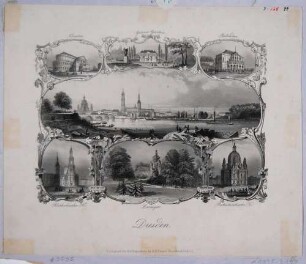 Bilderbogen mit einer großen (von Nordwesten über die Elbe mit Schiffen auf Altstadt, Augustusbrücke und kleines Ostragehege) und sechs kleinen Stadtansichten von Dresden