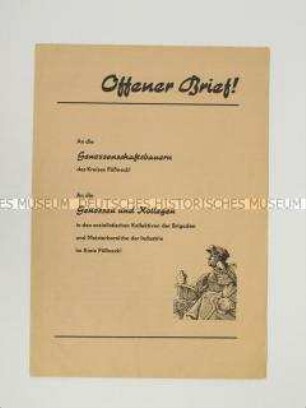 Flugschrift mit dem Wortlaut eines Offenen Briefes einer Gruppe von Meistern aus einem Industriebetrieb an die Arbeiter und Genossenschaftsbauern des Kreises Pößneck
