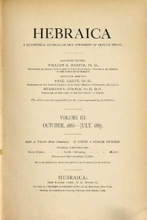 Hebraica : a quarterly journal in the interests of Hebrew study. 3, 3. 1886/87