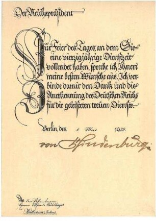 Ehrenurkunde des Reichspräsidenten zum 40jährigen Dienstjubiläum des Postamtmanns Alfred Mühlbayer in Heilbronn
