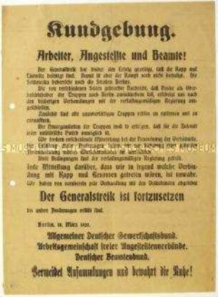 Aufruf der Gewerkschaftsverbände zur Weiterführung des Generalstreiks im Zuge des Lüttwitz-Kapp-Putsches