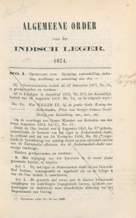 Algemeene order voor het indisch leger. 1874, No. 1 - No. 98