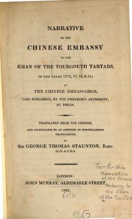 Narrative of the chinese embassy to the Khan of the Thourgouth Tartars