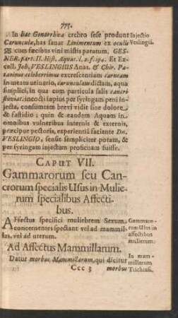 Caput VII. Gammarorum seu Cancrorum specialis Usus in Mulierum specialibus Affectibus.