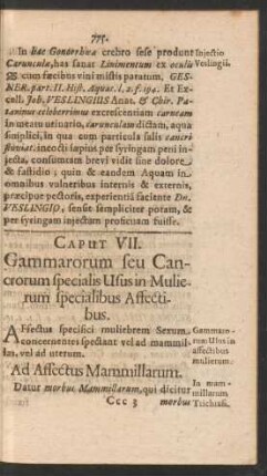 Caput VII. Gammarorum seu Cancrorum specialis Usus in Mulierum specialibus Affectibus.