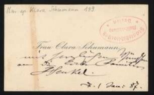 Visitenkarte mit eigenhändigen Zeilen an Familie Henkel : 01.01.1887