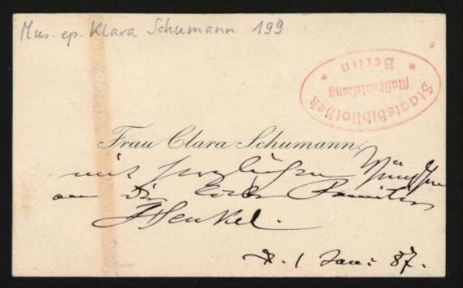 Visitenkarte mit eigenhändigen Zeilen an Familie Henkel : 01.01.1887