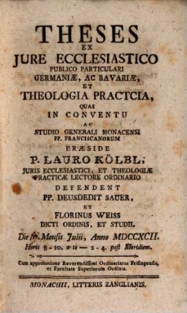 Theses ex iure ecclesiastico Germaniae ac Bavariae ...