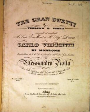 Tre gran duetti per violino e viola : opera 16a de' duetti a violino e viola