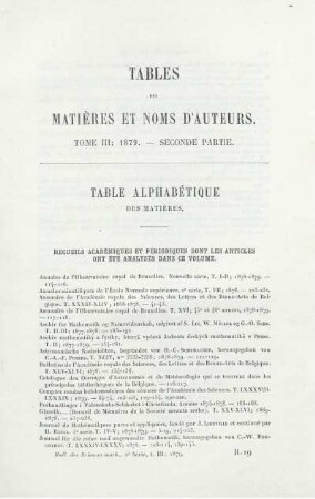 Table des Matières et Noms d'Auteurs.