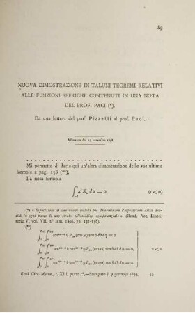 Nuova dimostrazione di taluni teoremi relativi alle funzioni Sferiche contenuti in una nota del Prof. Paci.