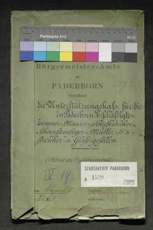 Unterstützungskasse für die in Paderborn beschäftigten Zimmerer-, Maurer-, Schieferdecker-, Schornsteinfeger-, Müller-, Anstreicher- und Glasergesellen