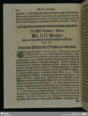 Die XII. Predigt, über die Parabol von dem verlohrnen Sohn, Luc. XV.