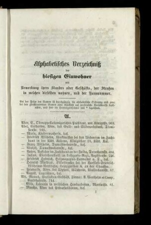 Alphabetisches Verzeichniß der hiesigen Einwohner