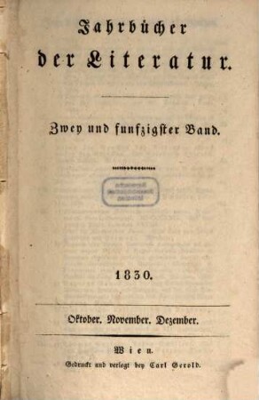 Jahrbücher der Literatur. 52. 1830