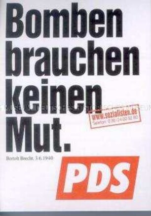 Aufkleber der PDS gegen den Kosovo-Krieg mit einem Zitat von Bertolt Brecht