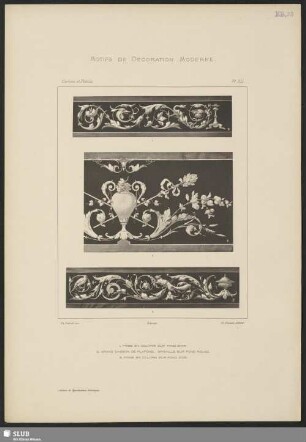 Frise en coloris sur fond d'or, Grand caisson de plafond, grisaille sur fond rouge, Frise en coloris sur fond d'or