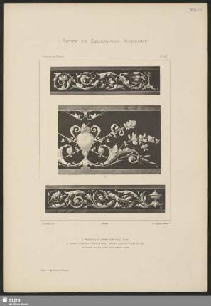 Frise en coloris sur fond d'or, Grand caisson de plafond, grisaille sur fond rouge, Frise en coloris sur fond d'or