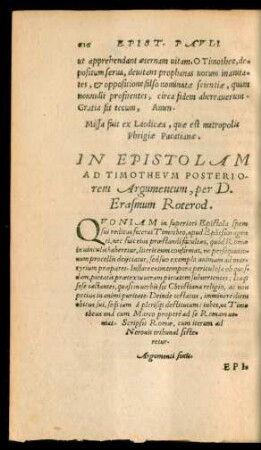 In Epistolam Ad Timotheum Posteriorem Argumentum ...