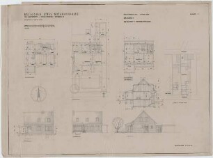 Grund, Peter; Großzimmern, Beinestr. 19; Notwohnhaus für Angermeier - Grundrisse (KG, EG, DG); Ansichten (Rück-, Vorder-, Seitenansicht); Schnitt; Lageplan