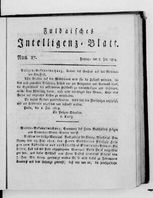 Num. 27, Ausgabe vom 8. Jul. 1814