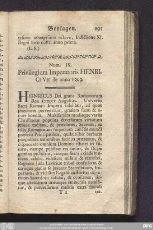 Num. IX. Privilegium Imperatoris Henrici VII de anno 1309.