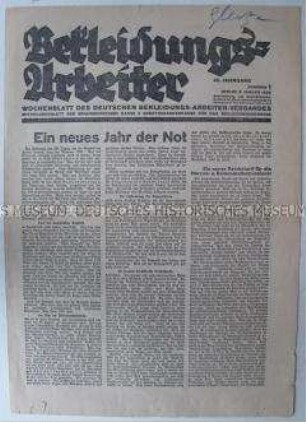 Gewerkschafts-Zeitung "Bekleidungs-Arbeiter" u.a. zu den Auswirkungen der Notverordnungen