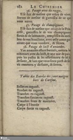 Table des Entrées des jours maogres hors de Caresine