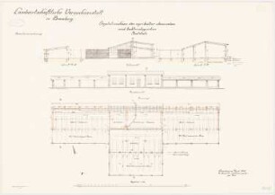 Landwirtschaftliche Versuchsanstalt, Bromberg Vegetationshaus: Grundriss, Schnitte, Nordansicht, Ostansicht 1:100