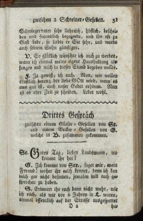 Drittes Gespräch zwischen einem Glaser-Gesellen von St. und einem Becker-Gesellen von G. welche in B. zusammen gekommen.