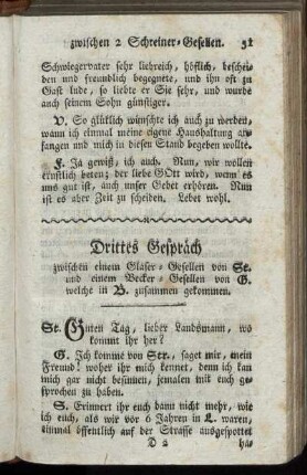 Drittes Gespräch zwischen einem Glaser-Gesellen von St. und einem Becker-Gesellen von G. welche in B. zusammen gekommen.