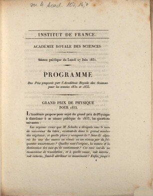 Académie Royale des Sciences. Séance publique du lundi 27 juin 1831