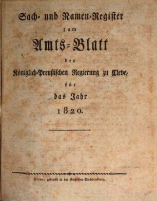 Amtsblatt der Königlichen Regierung zu Cleve. 1820