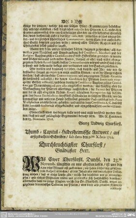 Thumb-Capitul-Hildesheimische Anwort, auf erstgedachtes Schreiben, sub dato den 9.ten X.bris 1702