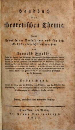 Handbuch der theoretischen Chemie : zum Behuf seiner Vorlesungen und für den Selbstunterricht entworfen, 1.