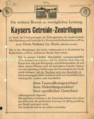 Veröffentlichung des Prüfungsergebnisses über die Getreide-Zentrifuge von Kayser