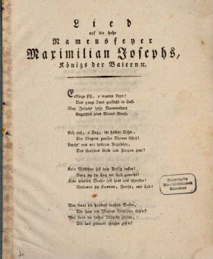 Lied auf die hohe Namensfeyer Maximilian Josephs, Königs der Baiern