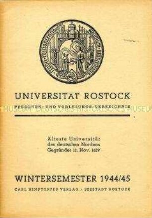 Personen- und Vorlesungsverzeichnis der Universität Rostock, Sommersemester 1944