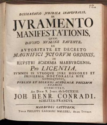 Dissertatio Iuridica Inauguralis, De Iuramento Manifestationis
