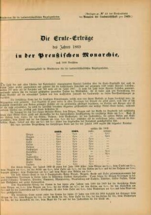 1869: Die Ernte-Erträge des Jahres 1869 in der Preußischen Monarchie