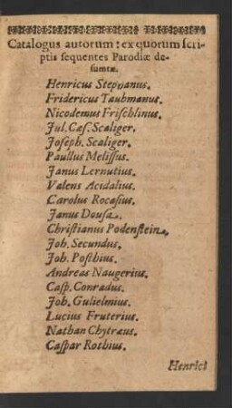 Catalogus autorum: ex quorum scriptis sequentes Parodiae desumtae.
