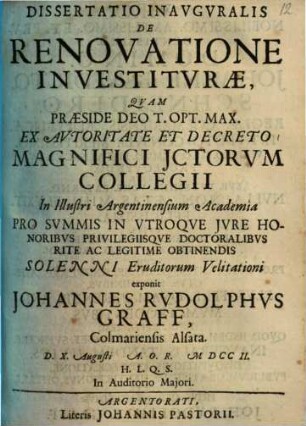 Diss. inaug. de renovatione investiturae