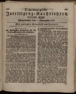XXXVIII. Stück: Sonnabends: den 21. September 1776.