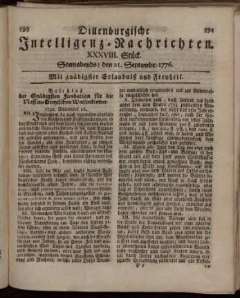 XXXVIII. Stück: Sonnabends: den 21. September 1776.