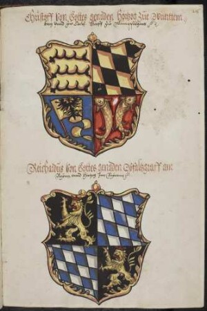 Wappen der Teilnehmer: Herzog Christoph von Württemberg; Pfalzgraf Richard von Pfalz-Simmern (1533-1609)