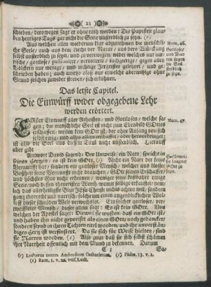 Das letste Capitel. Die Einwürff wider obgegebene Lehr werden erörtert.