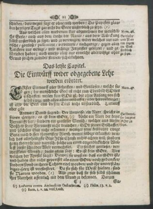Das letste Capitel. Die Einwürff wider obgegebene Lehr werden erörtert.