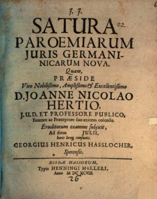 Satura Paroemiarum Juris Germaninicarum [!] Nova