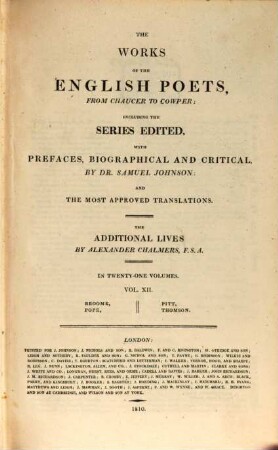 The works of the English poets, from Chaucer to Cowper : in 21 volumes, 12. Broome, Pope, Pitt, Thomson